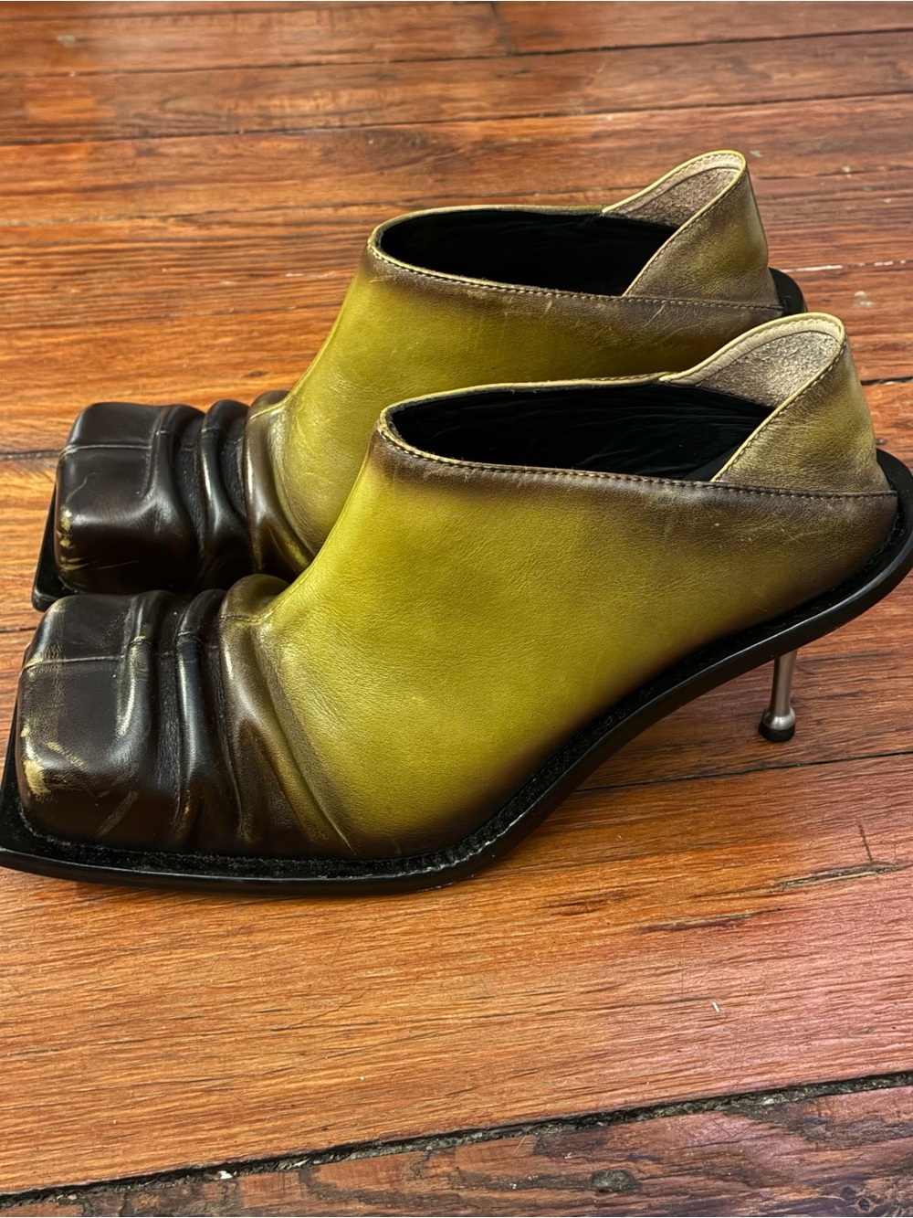 Olive Green Square-Toe Ruched Leather Mule Heels